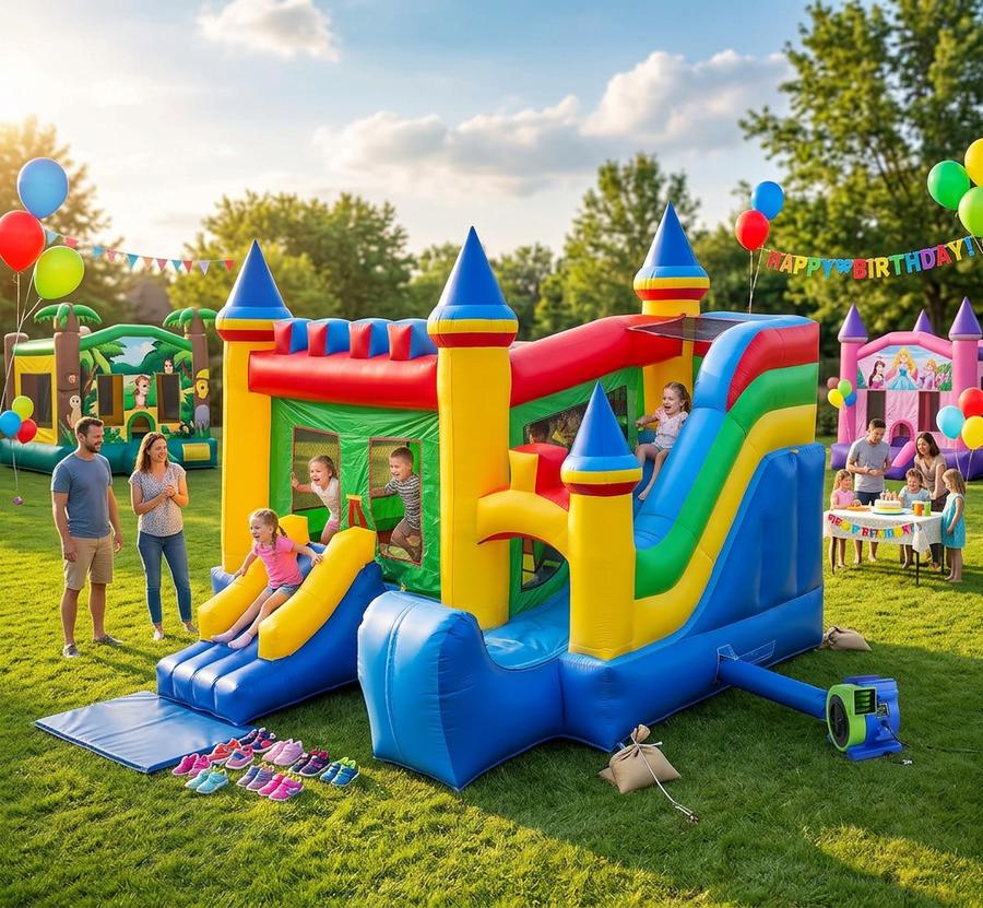 Kingdom Bounce House with slide at an outdoor event