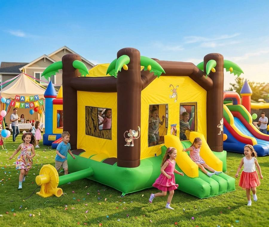 Jungle Bounce House set up on grass